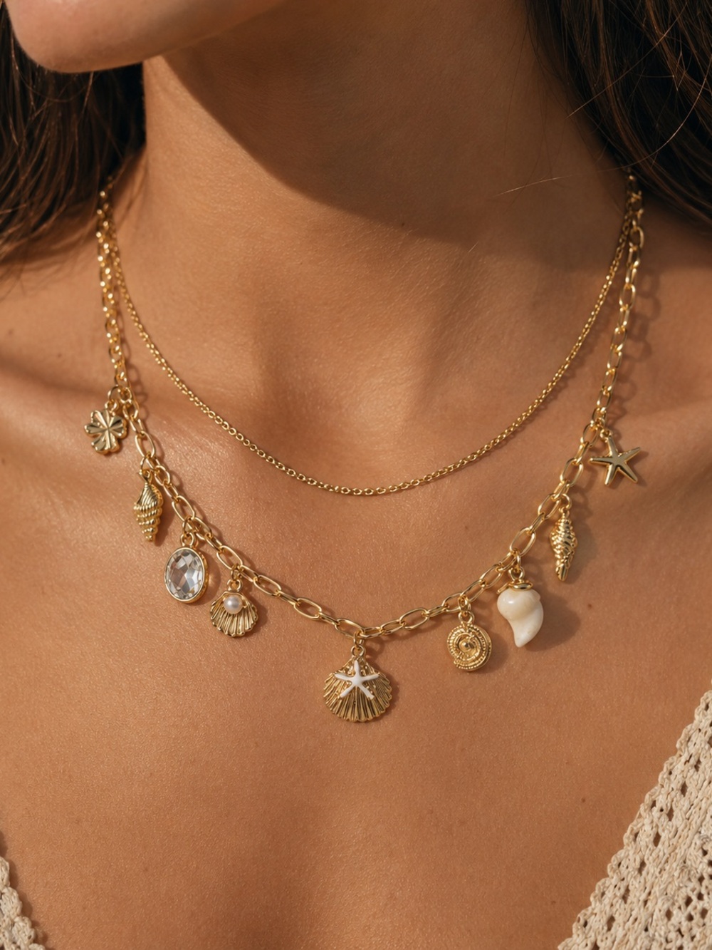 Guess Gold Layered Sea Charm Necklace with Pearl Accent